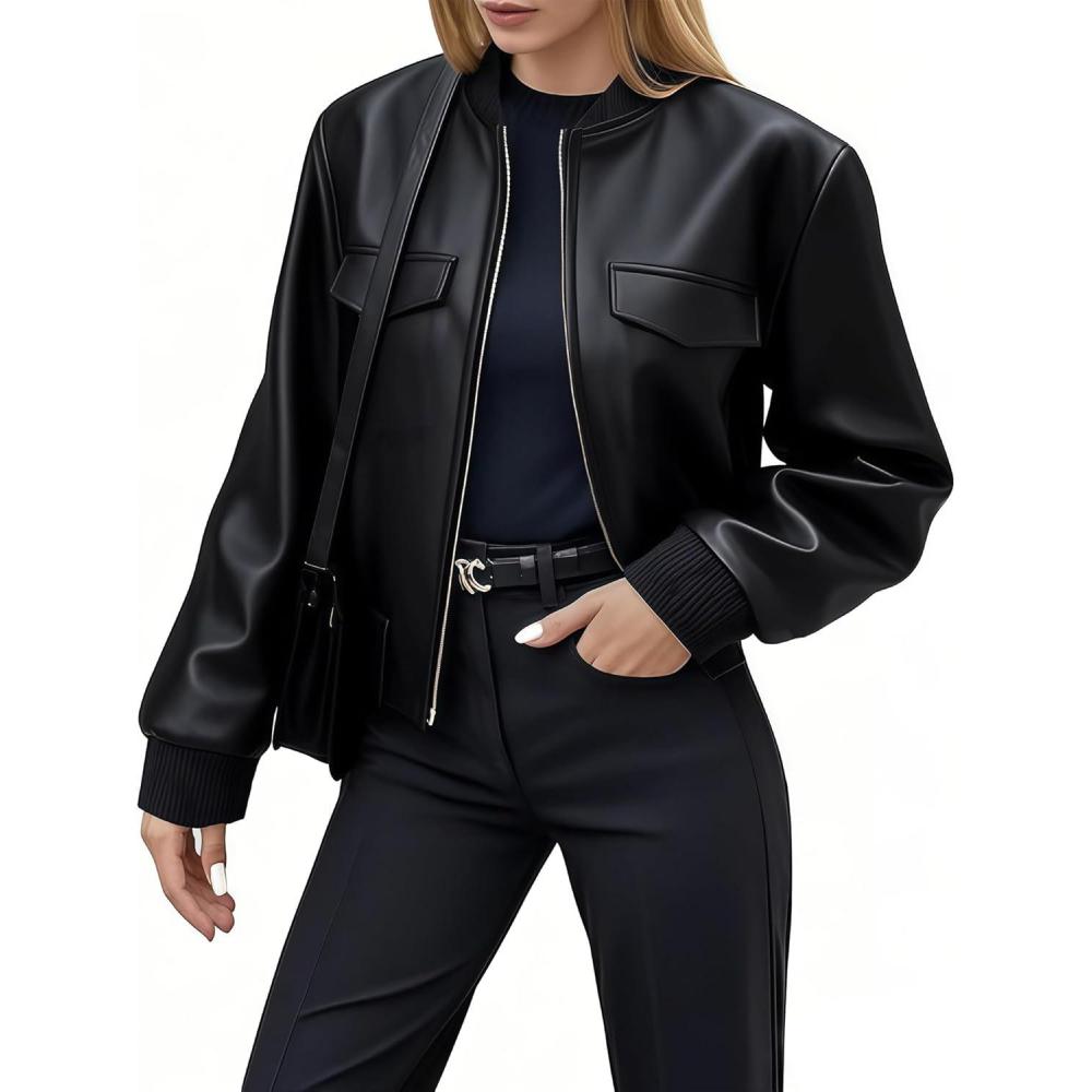 imageWomen Leather Jacket Faux Cropped Bomber Coat Cute Short for Casual Vacation Travel College Going Out Classy OutfitCharcoal Black