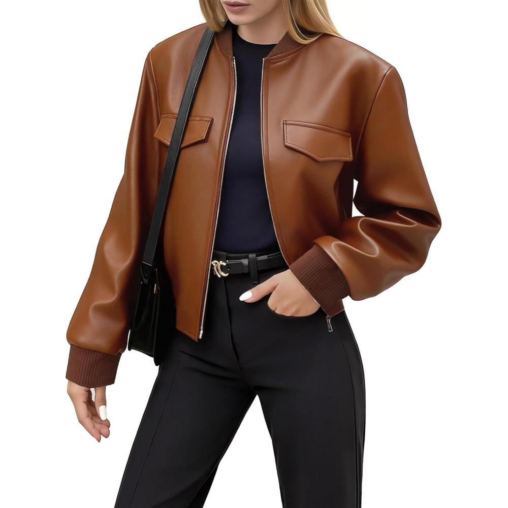 imageWomen Leather Jacket Faux Cropped Bomber Coat Cute Short for Casual Vacation Travel College Going Out Classy OutfitLight Brown