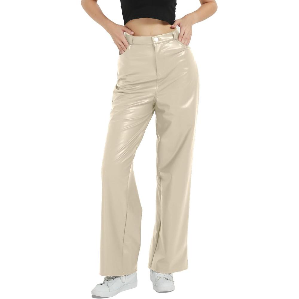 imageWomens Black Leather Pants High Waist Faux Leather Straight Leg Bell Bottom Flare PantsBeige