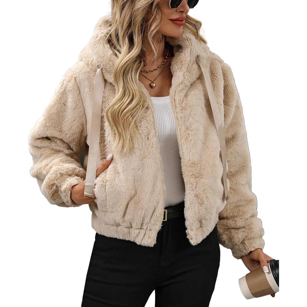 imageWomens Faux Fur Crop Coat Full Zip Fleece Sherpa Jacket with HoodApricot