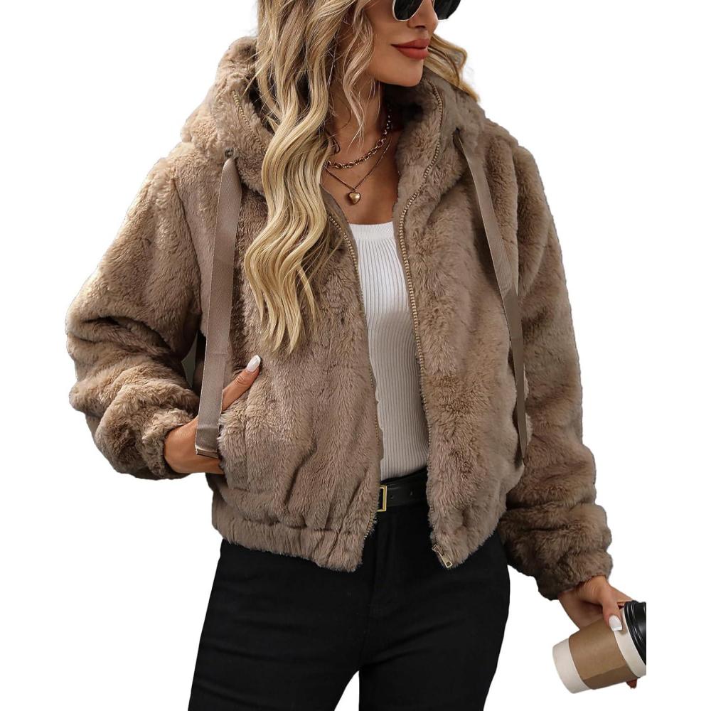 imageWomens Faux Fur Crop Coat Full Zip Fleece Sherpa Jacket with HoodCamel