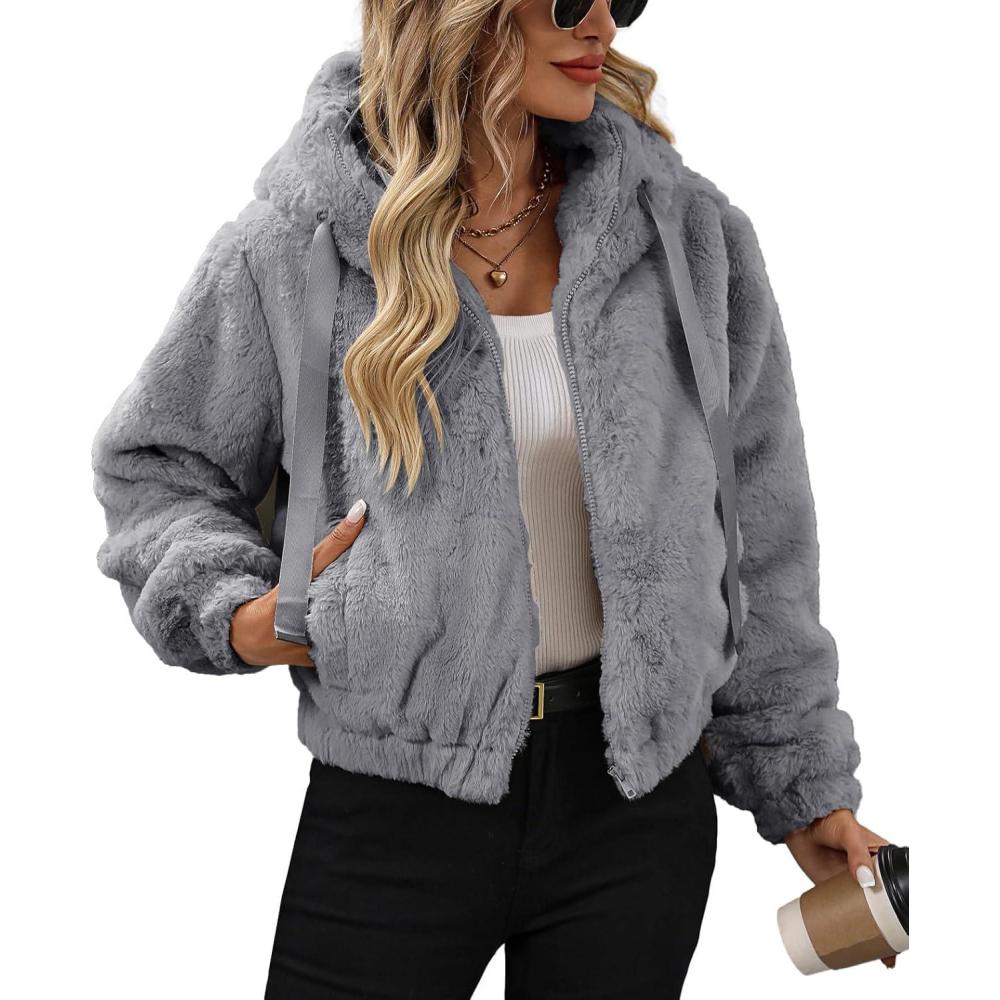 imageWomens Faux Fur Crop Coat Full Zip Fleece Sherpa Jacket with HoodGrey