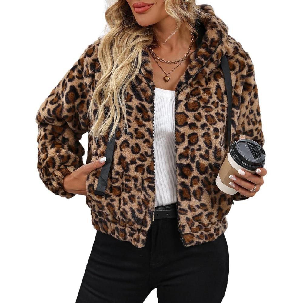 imageWomens Faux Fur Crop Coat Full Zip Fleece Sherpa Jacket with HoodLeopard
