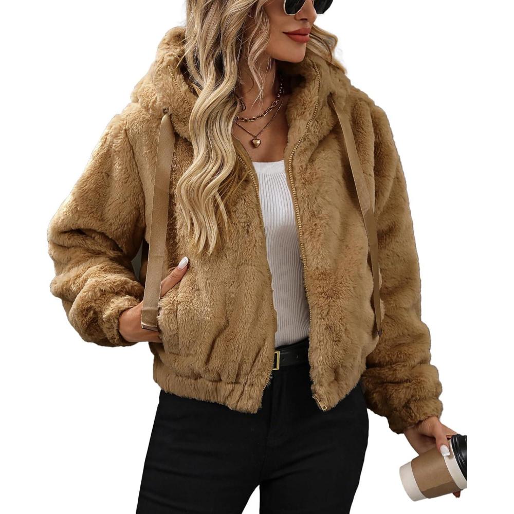 imageWomens Faux Fur Crop Coat Full Zip Fleece Sherpa Jacket with HoodYellow Brown