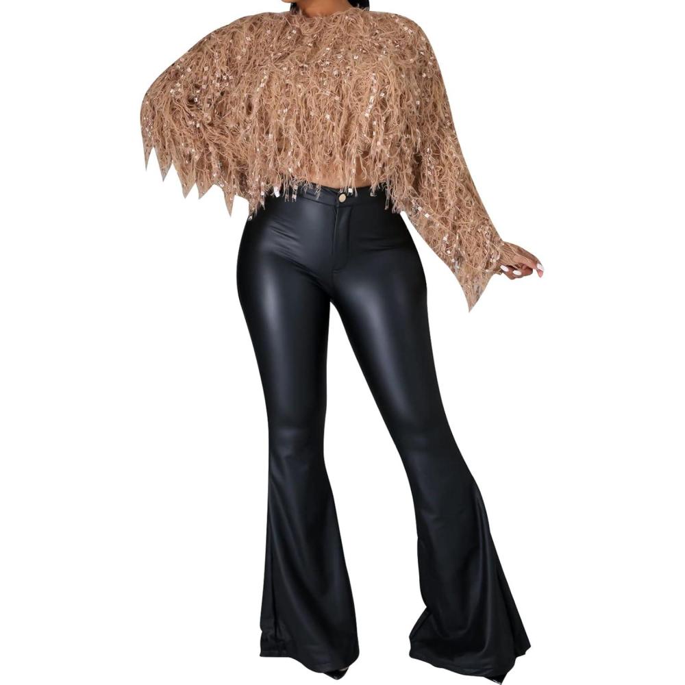 imageWomens Faux Leather Bell Botom Flare Pants High Waist Stretchy Leggings Wide Leg TrousersFlare Black
