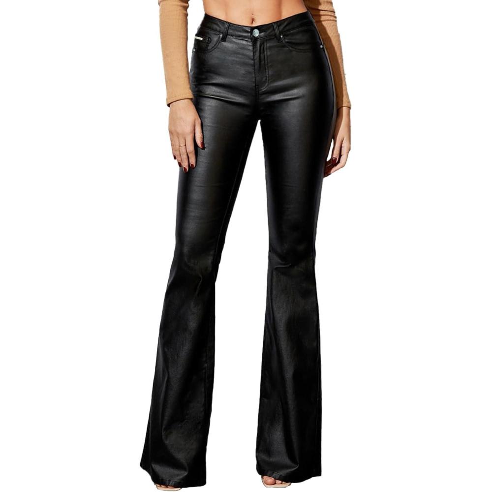 imageWomens Faux Leather Flare Pants Mid Waist PU Skinny Black Coated Leggings Bell Bottom Pants with PocketsBlack