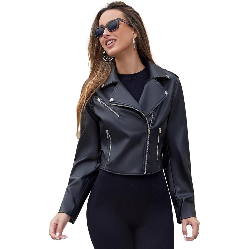 imageWomens Faux Leather Motorcycle Jackets Classical Black PU Slim Short Biker Coats02 Black