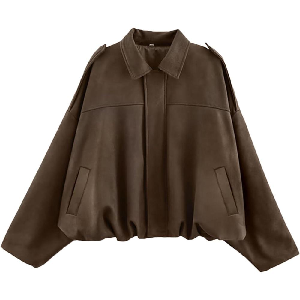 imageWomens Faux Suede Bomber Jacket Casual Lapel Pilot Cropped Coat Oversized Motorcycle Jackets 2025 OuterwearBrown