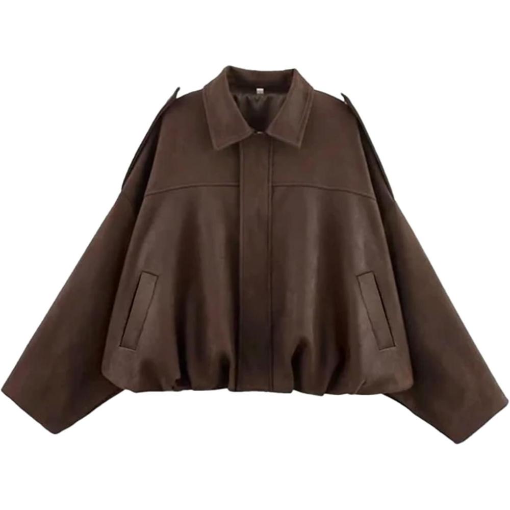 imageWomens Faux Suede Bomber Jacket Casual Lapel Pilot Cropped Coat Oversized Motorcycle Jackets 2025 OuterwearCoffee