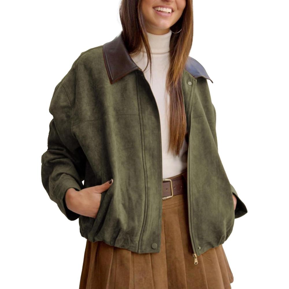 imageWomens Faux Suede Bomber Jacket Casual Lapel Pilot Cropped Jackets Oversized Motorcycle Zip Up Outerwear CoatsArmy Green