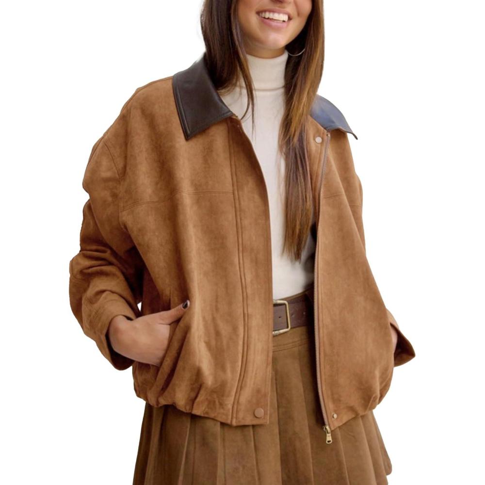 imageWomens Faux Suede Bomber Jacket Casual Lapel Pilot Cropped Jackets Oversized Motorcycle Zip Up Outerwear CoatsBrown