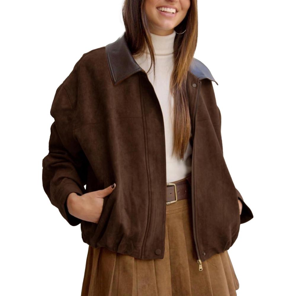 imageWomens Faux Suede Bomber Jacket Casual Lapel Pilot Cropped Jackets Oversized Motorcycle Zip Up Outerwear CoatsCoffee