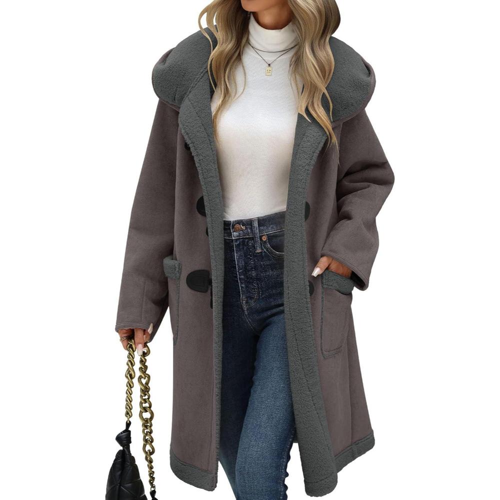 imageWomens Faux Suede Coat Sherpa Fleece Lined Oversize Duffle Coat Winter MidLength Hooded Toggle Jacket with PocketsDark Grey