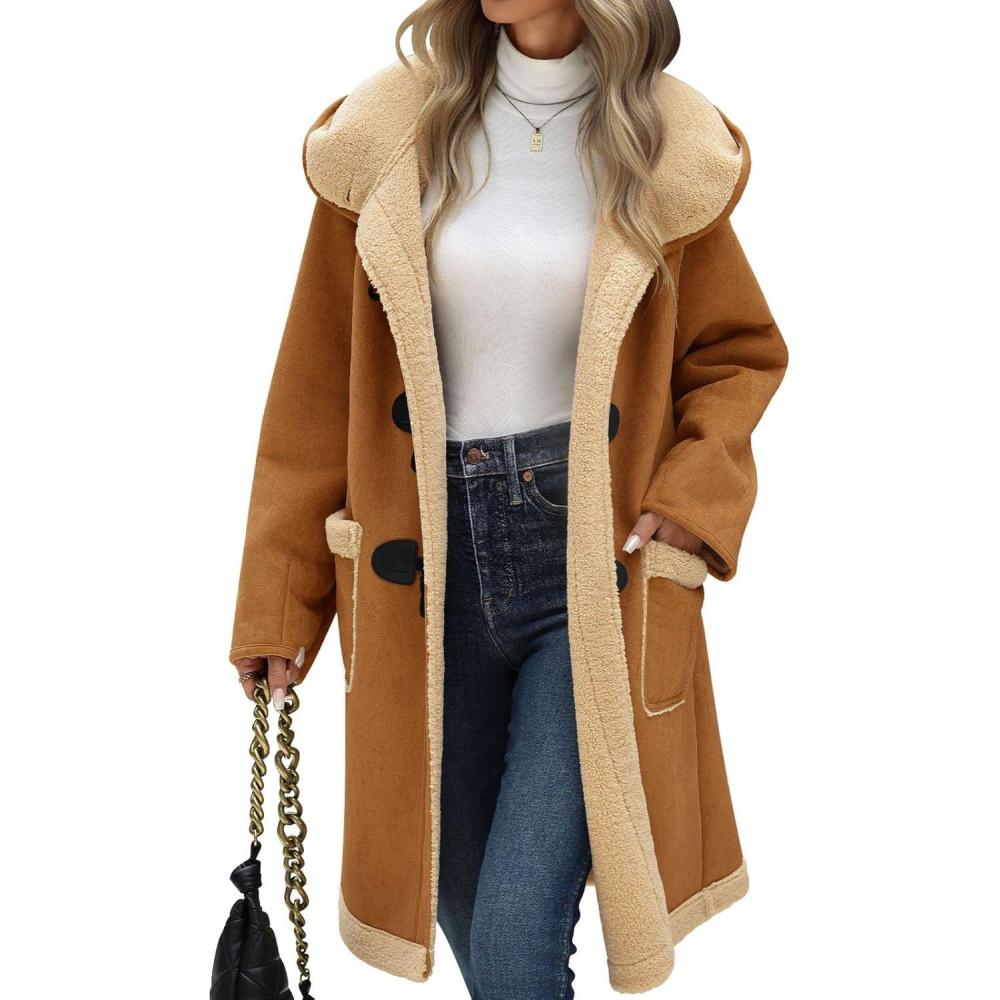 imageWomens Faux Suede Coat Sherpa Fleece Lined Oversize Duffle Coat Winter MidLength Hooded Toggle Jacket with PocketsDark Khaki
