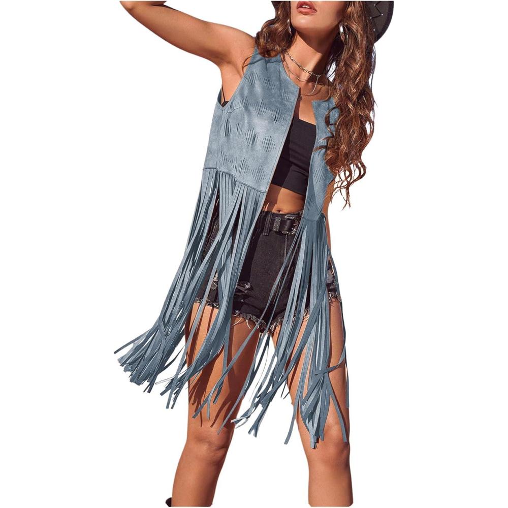 imageWomens Fringe Vest Sleeveless 70s Hippie Faux Suede Trim Western Cowgirl Tassel Jacket CardiganBlue