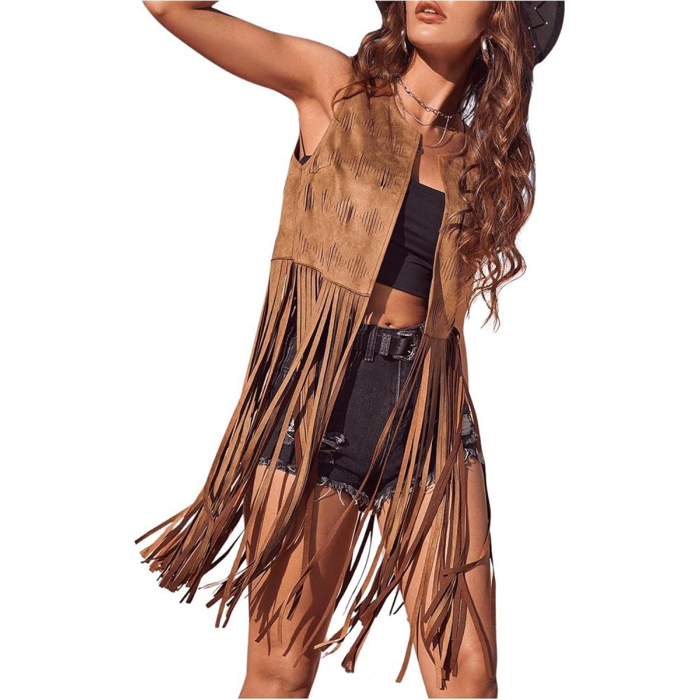 imageWomens Fringe Vest Sleeveless 70s Hippie Faux Suede Trim Western Cowgirl Tassel Jacket CardiganBrown