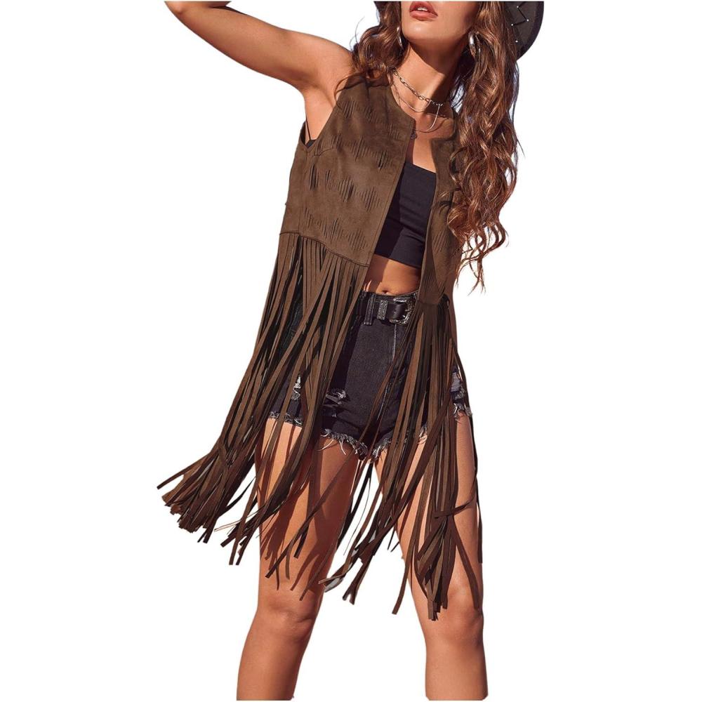 imageWomens Fringe Vest Sleeveless 70s Hippie Faux Suede Trim Western Cowgirl Tassel Jacket CardiganBrown Plain