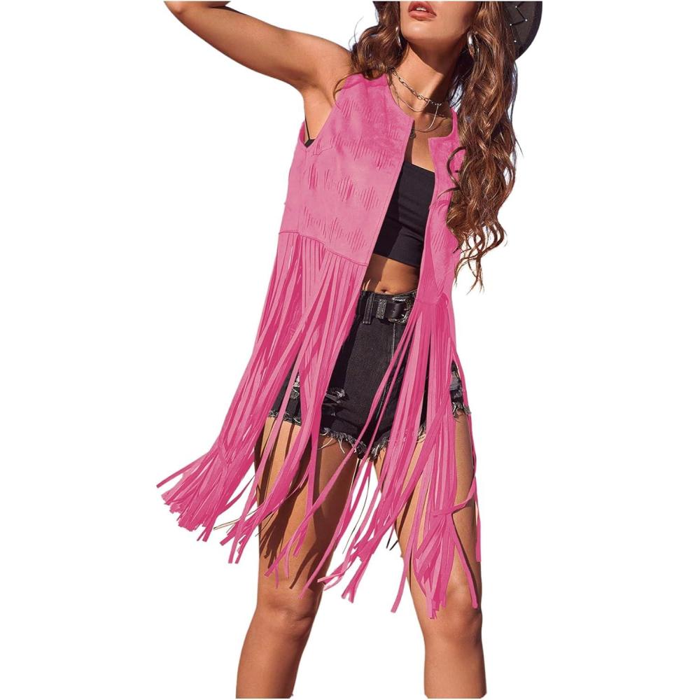 imageWomens Fringe Vest Sleeveless 70s Hippie Faux Suede Trim Western Cowgirl Tassel Jacket CardiganPink
