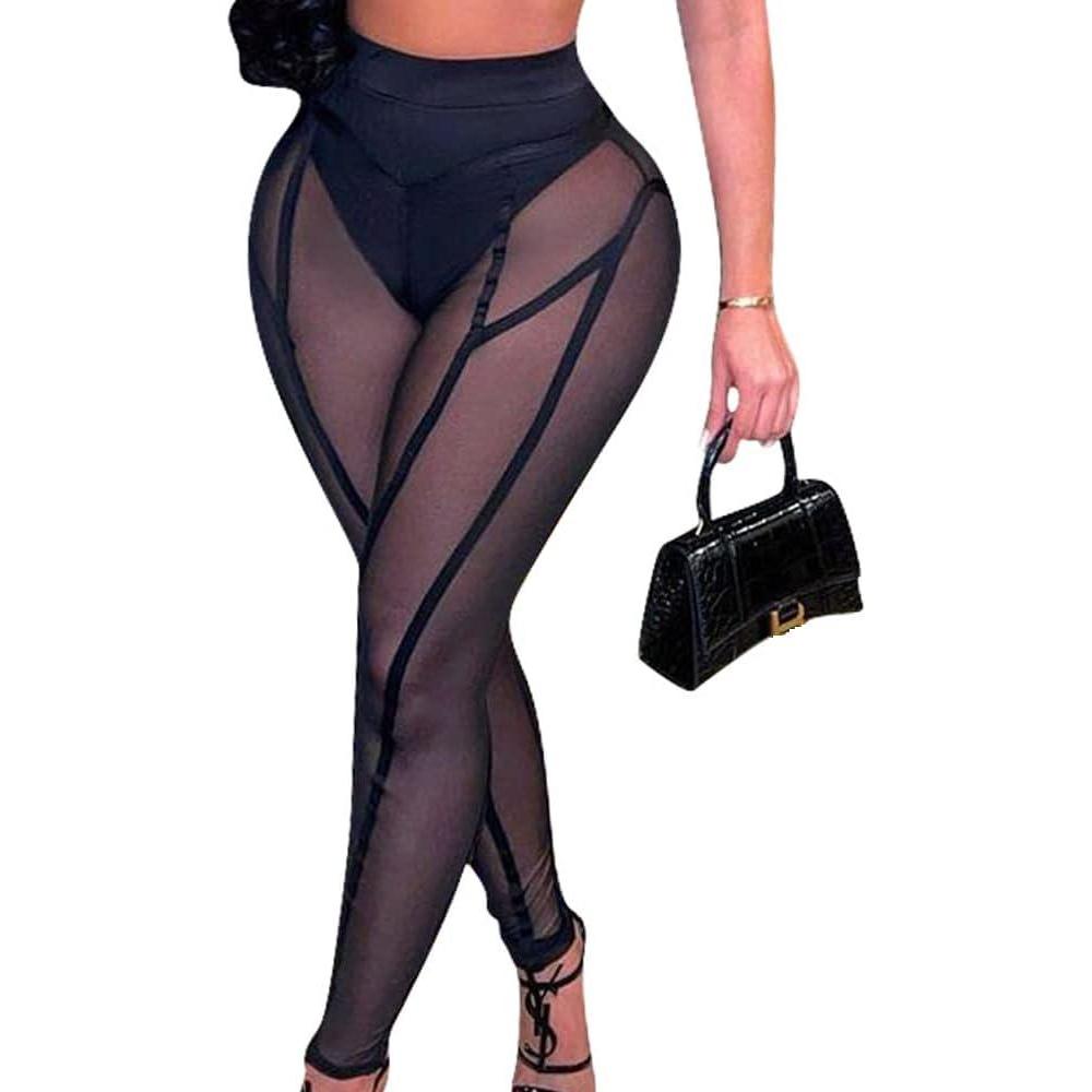 imageWomens Sexy See Through Sheer Mesh Pants Leggings High Waist Casual Sweatpants TightsBlack