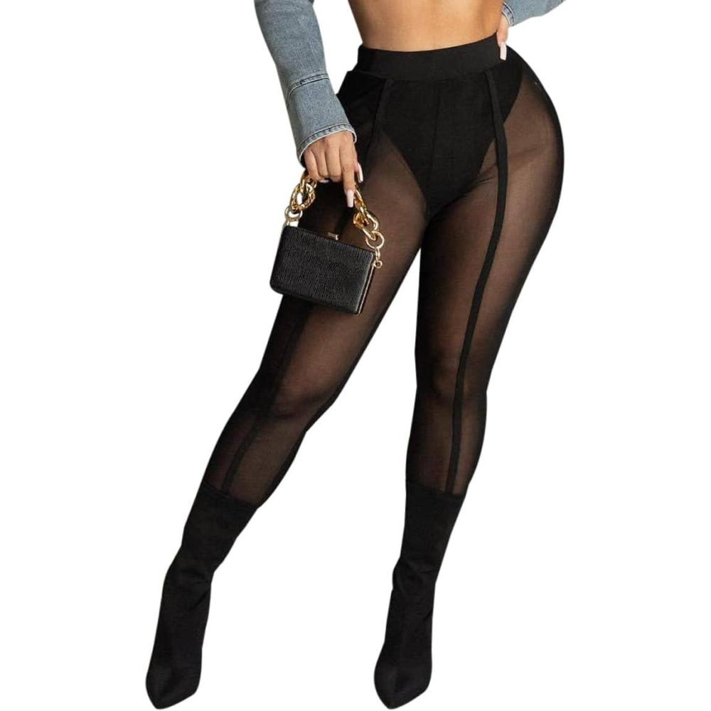 imageWomens Sexy See Through Sheer Mesh Pants Leggings High Waist Casual Sweatpants TightsBlack01