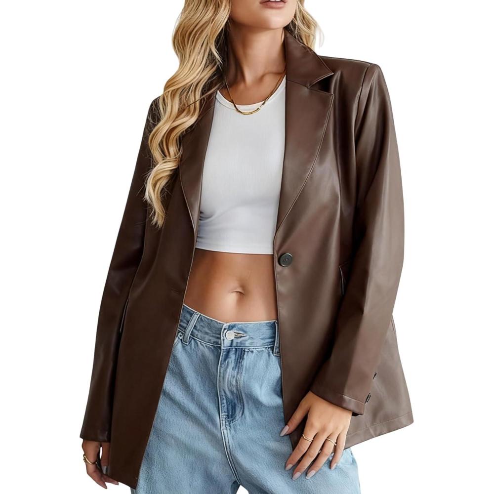 imageWomens Smart Casual Faux Leather Blazer Jacket Moto Biker Coat Long Sleeves Button Fashion CoatsBrown