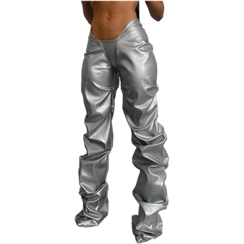 imageWomens Stacked Faux Leather Pants Low Waist Ruched Metallic Trouser