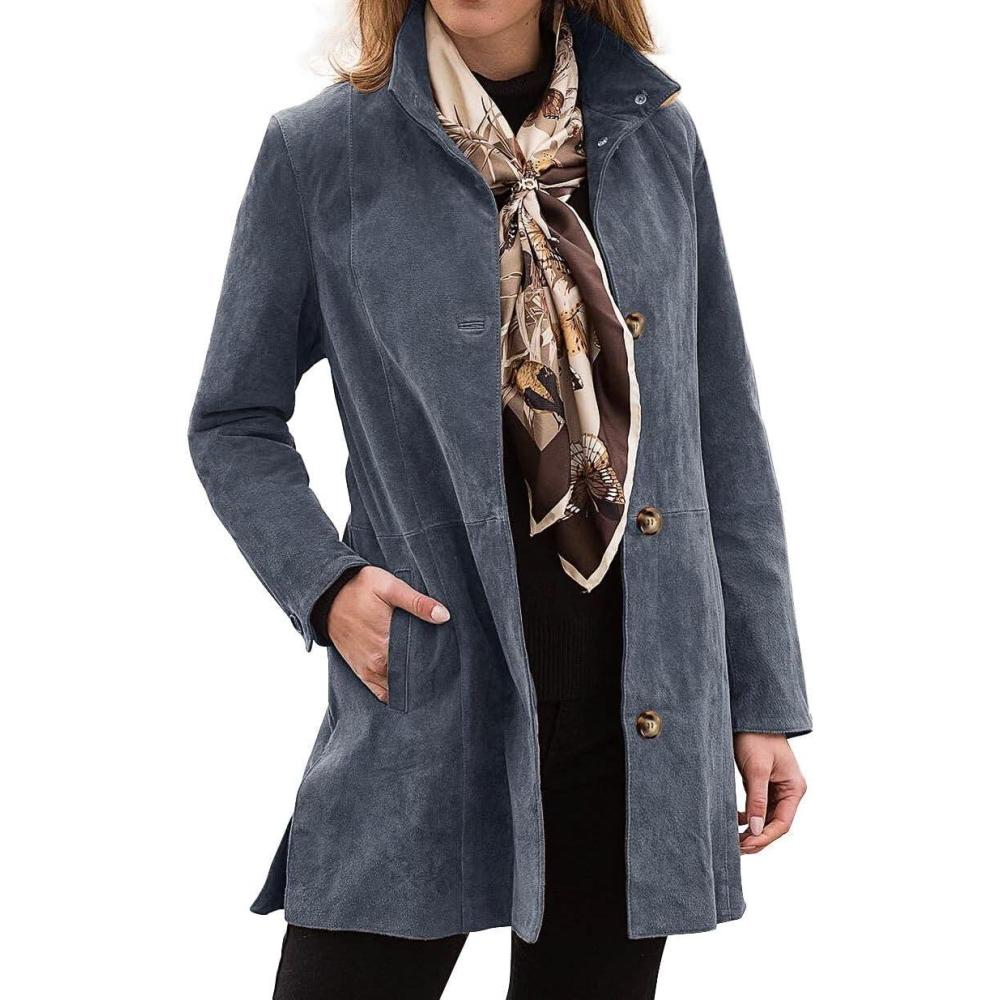 imageWomens Winter Suede Coat Stand Collar Single Breasted Overcoat with Pockets Mid Length Trench Coats22greypurple