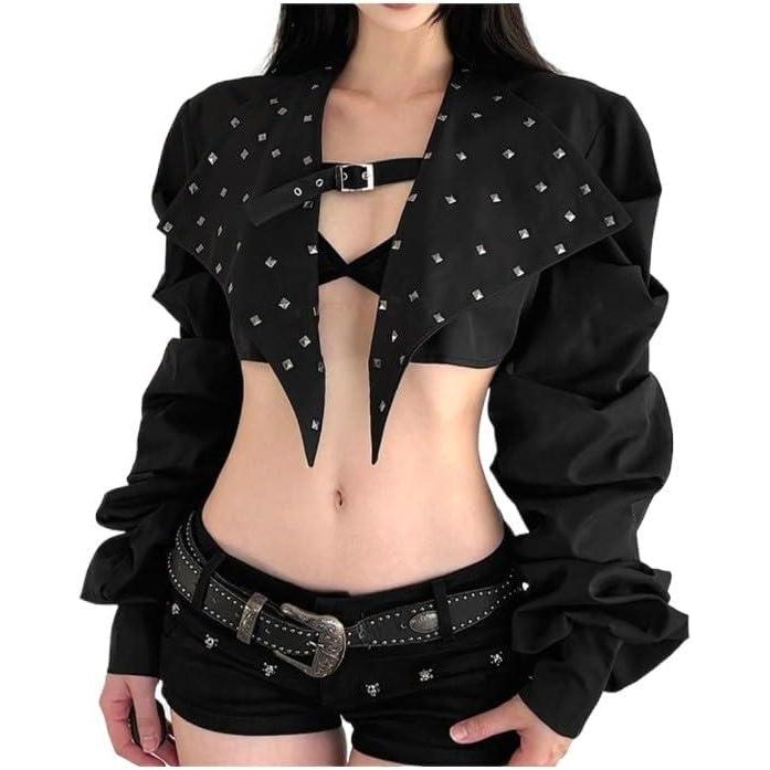 imageWomens Y2K Belted Black Motorcycle Jacket Pleated Long Sleeve Super Short Coat Trendy Summer FashionBlack1