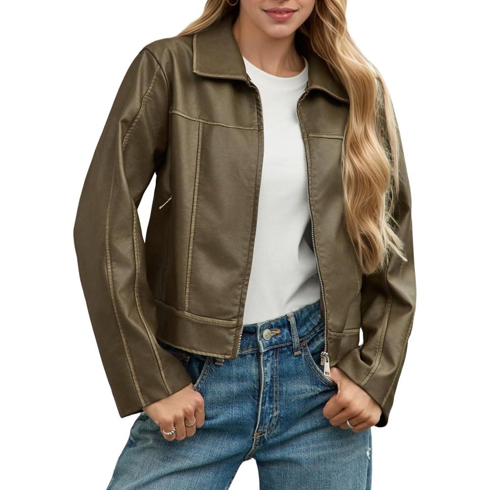 imageYousify Womens Faux Leather Jacket Casual Zip Up Motorcycle Long Sleeve Collared Fall Cropped Coats with PocketsArmy Green