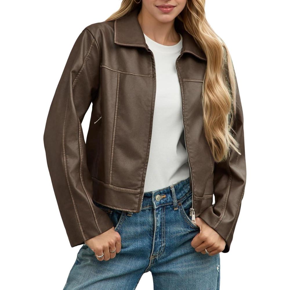 imageYousify Womens Faux Leather Jacket Casual Zip Up Motorcycle Long Sleeve Collared Fall Cropped Coats with PocketsBrown