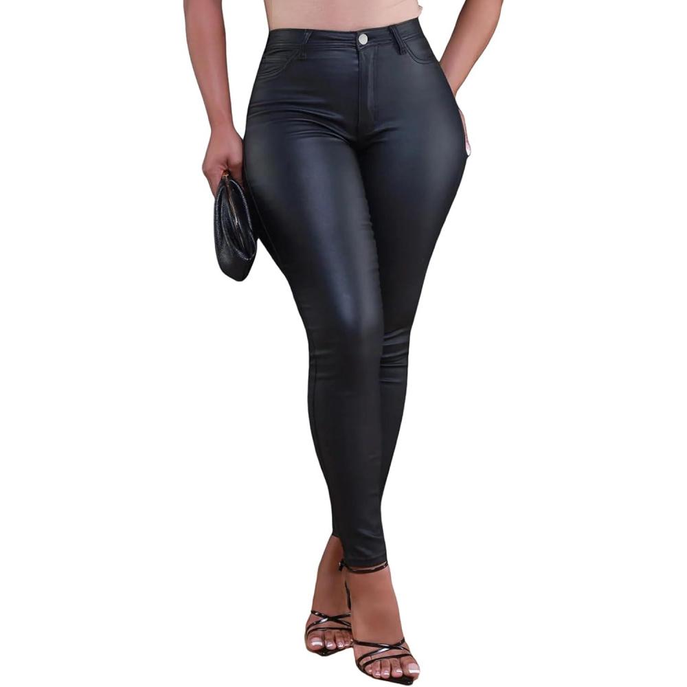 imagehibshaby Womens Stretchy Leggings Faux Leather Zipper Pants High Waist Casual TrousersTight Black