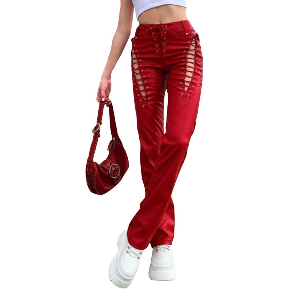 imagexxxiticat Womens Lace Up PU Leather Pants Chic High Waist Hollow Out Drawstring Bandage Cut Out Faux Leather TrousersRed