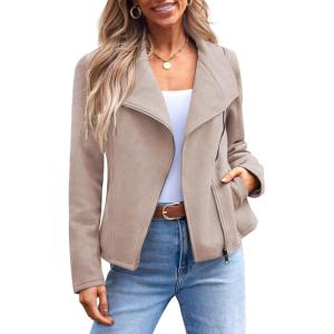 AUTOMET Women‘s Faux Suede Leather Jacket, Cropped Open Front Coat for Fall Winter Spring, Cardigan Style(Apricot)