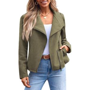 AUTOMET Women‘s Faux Suede Leather Jacket, Cropped Open Front Coat for Fall Winter Spring, Cardigan Style(Armygreen)