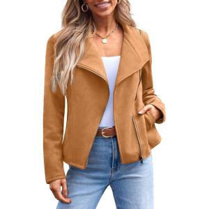 AUTOMET Women‘s Faux Suede Leather Jacket, Cropped Open Front Coat for Fall Winter Spring, Cardigan Style(Brown)