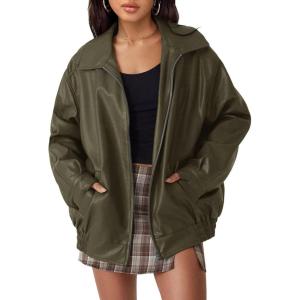 AUTOMET Women’s Oversized Faux Leather Jacket – Fall Motorcycle Style Coat with Zipper Closure(Armygreen)