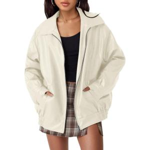 AUTOMET Women’s Oversized Faux Leather Jacket – Fall Motorcycle Style Coat with Zipper Closure(Beige)