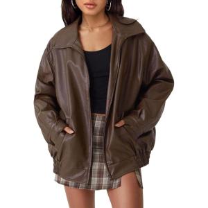AUTOMET Women’s Oversized Faux Leather Jacket – Fall Motorcycle Style Coat with Zipper Closure(Brown)