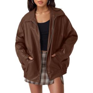 AUTOMET Women’s Oversized Faux Leather Jacket – Fall Motorcycle Style Coat with Zipper Closure(Caramel)