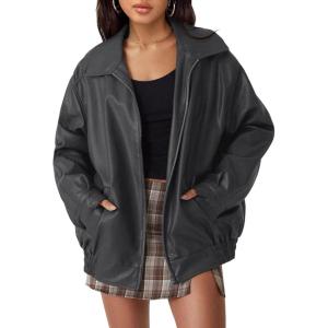 AUTOMET Women’s Oversized Faux Leather Jacket – Fall Motorcycle Style Coat with Zipper Closure(Darkgrey)