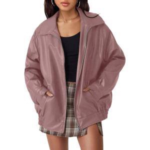 AUTOMET Women’s Oversized Faux Leather Jacket – Fall Motorcycle Style Coat with Zipper Closure(Darkpink)