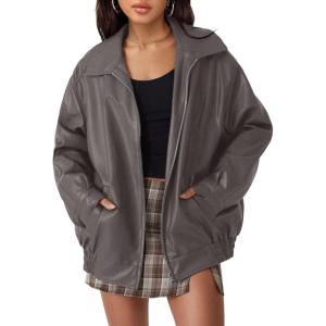AUTOMET Women’s Oversized Faux Leather Jacket – Fall Motorcycle Style Coat with Zipper Closure(Grey)