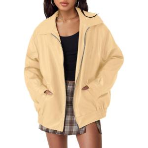 AUTOMET Women’s Oversized Faux Leather Jacket – Fall Motorcycle Style Coat with Zipper Closure(Khaki)
