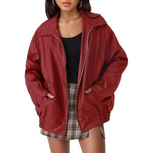 AUTOMET Women’s Oversized Faux Leather Jacket – Fall Motorcycle Style Coat with Zipper Closure(Red)