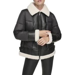 Andrew Marc womens Faux Leather Faux Sherpa Mixed Media Jacket(Black/Cream)