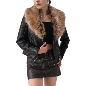 Bellivera Women’s Faux Leather Jacket Moto Biker Sherpa-Lined Coat with Removable Fur Collar(Black Leather Short Jacket)