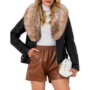 Bellivera Women’s Faux Leather Jacket Moto Biker Sherpa-Lined Coat with Removable Fur Collar(Blacknatural)