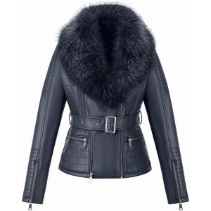 Bellivera Women’s Faux Leather Jacket Moto Biker Sherpa-Lined Coat with Removable Fur Collar(Blue Jacket)