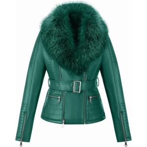 Bellivera Women’s Faux Leather Jacket Moto Biker Sherpa-Lined Coat with Removable Fur Collar(Green Jacket)