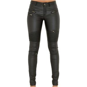 Black Pants PU Leather Coated Denim Pants for Women Sexy Tight Stretchy Rider Leggings(Black)
